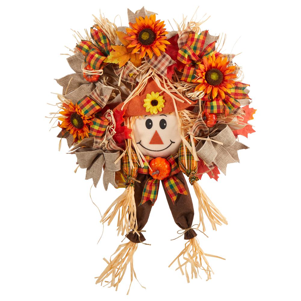 30in. Scarecrow Fall Artificial Autumn Wreath with Sunflower, Pumpkin and Decorative Bows. Picture 3