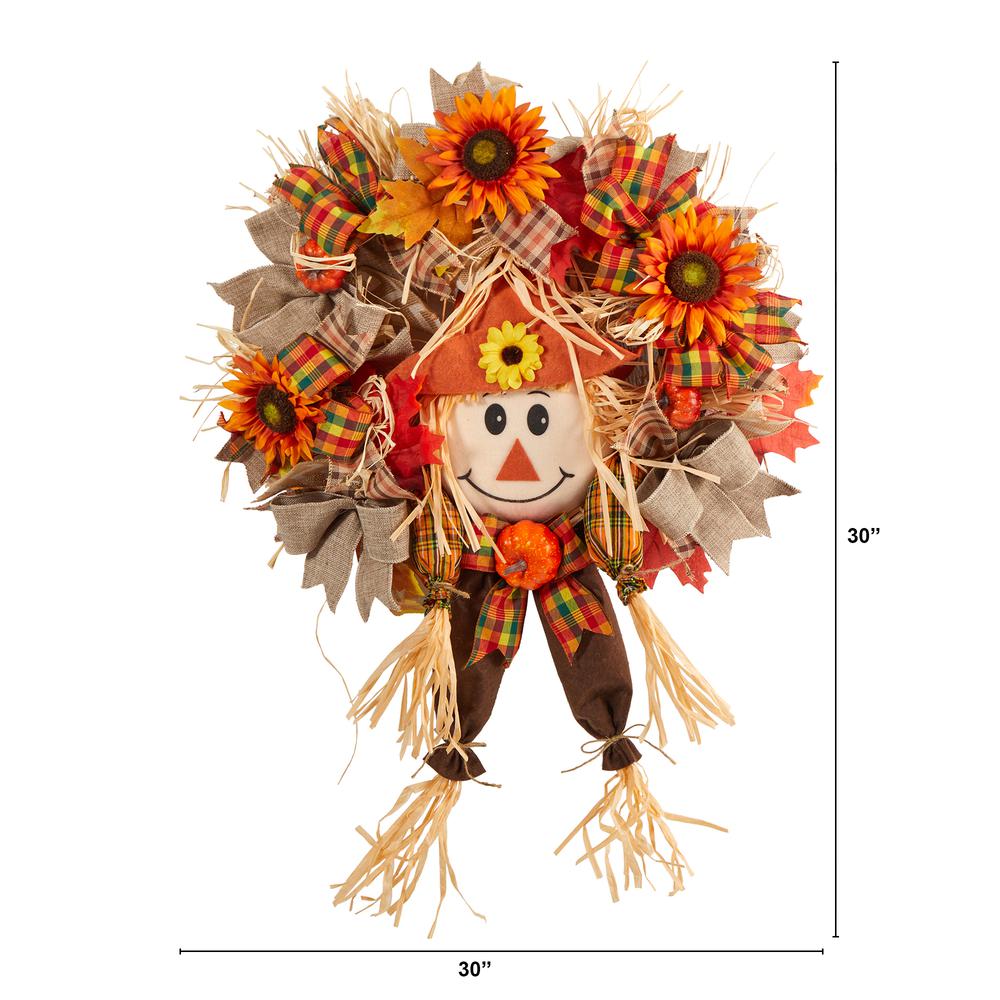 30in. Scarecrow Fall Artificial Autumn Wreath with Sunflower, Pumpkin and Decorative Bows. Picture 1