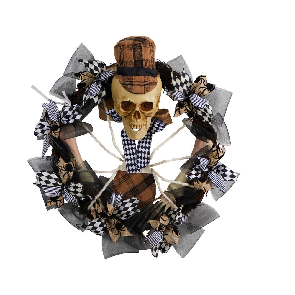 24in. Halloween Skull in Plaid Mesh Wreath. Picture 4