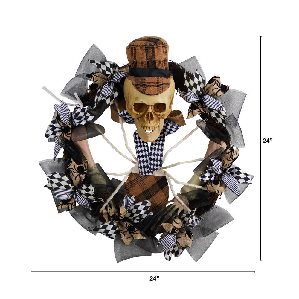24in. Halloween Skull in Plaid Mesh Wreath. Picture 1