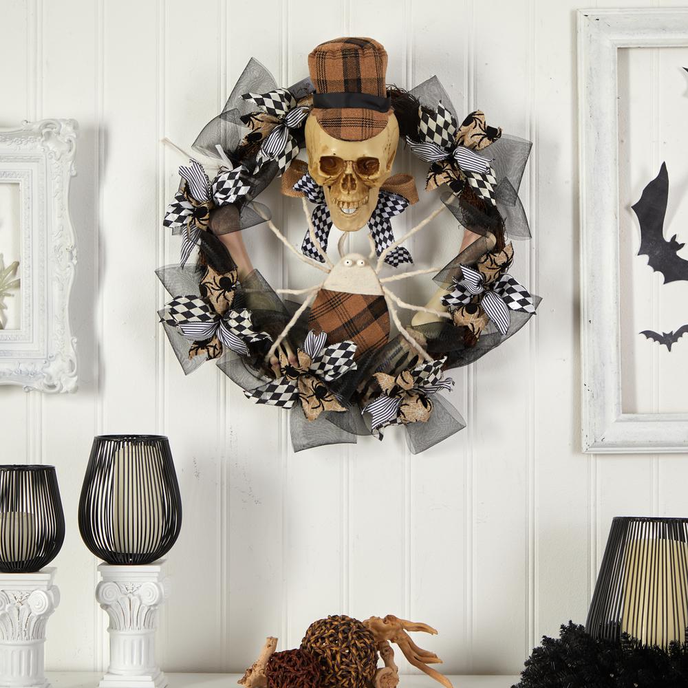 24in. Halloween Skull in Plaid Mesh Wreath. Picture 3