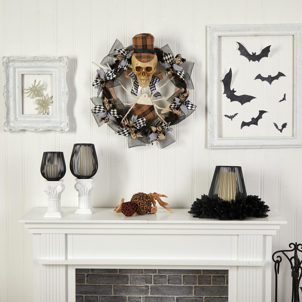 24in. Halloween Skull in Plaid Mesh Wreath. Picture 2