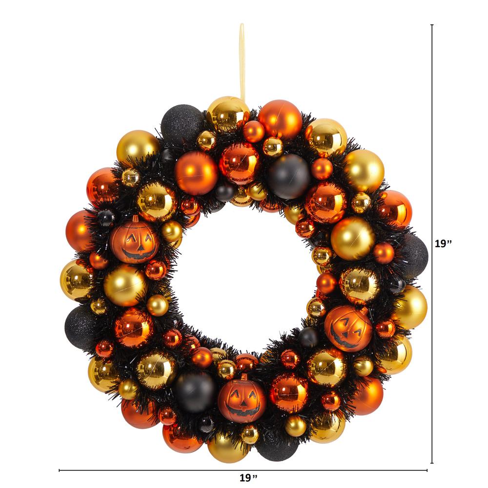 19in. Halloween Shatterproof Jack-o'-lantern Pumpkin Ornament Wreath. Picture 1