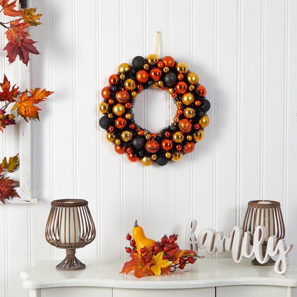 19in. Halloween Shatterproof Jack-o'-lantern Pumpkin Ornament Wreath. Picture 2