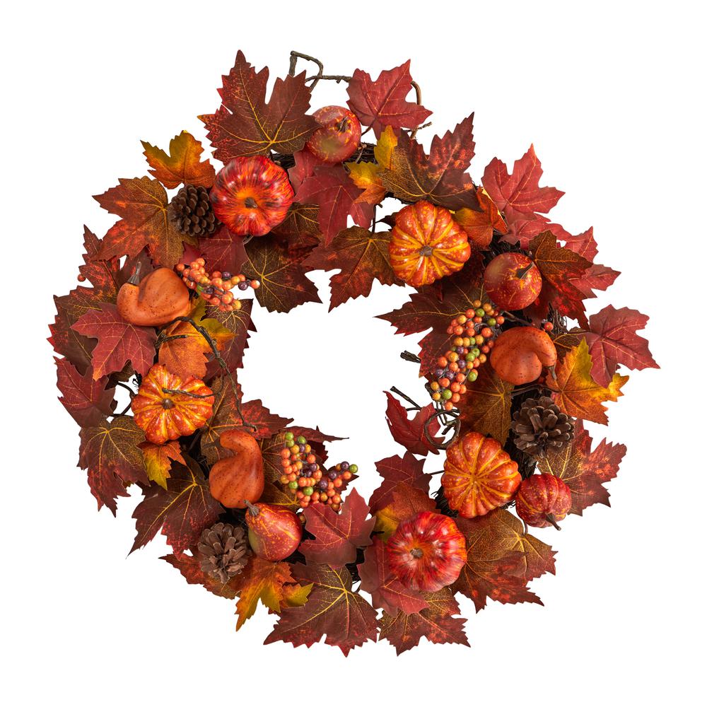 24in. Autumn Maple Leaves, Pumpkin, Pinecone and Berries Artificial Fall Wreath. Picture 3