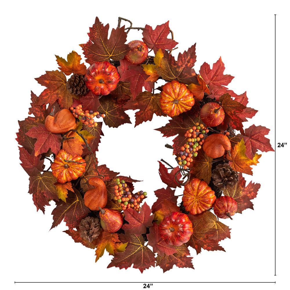 24in. Autumn Maple Leaves, Pumpkin, Pinecone and Berries Artificial Fall Wreath. Picture 1
