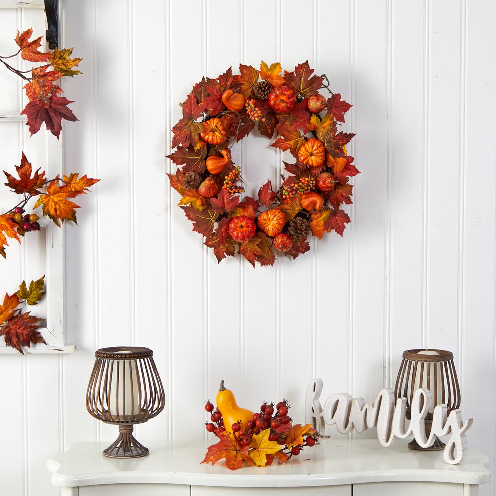 24in. Autumn Maple Leaves, Pumpkin, Pinecone and Berries Artificial Fall Wreath. Picture 2