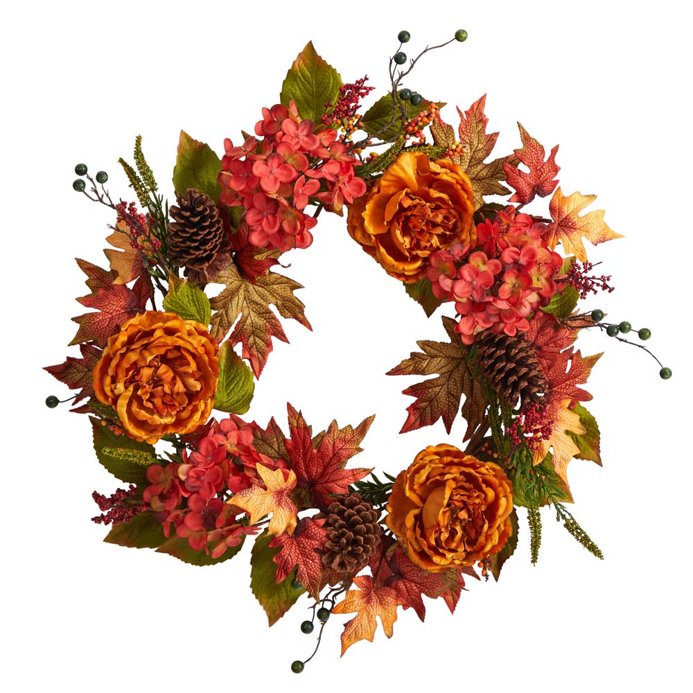 25in. Fall Ranunculus, Hydrangea and Berries Autumn Artificial Wreath. Picture 1