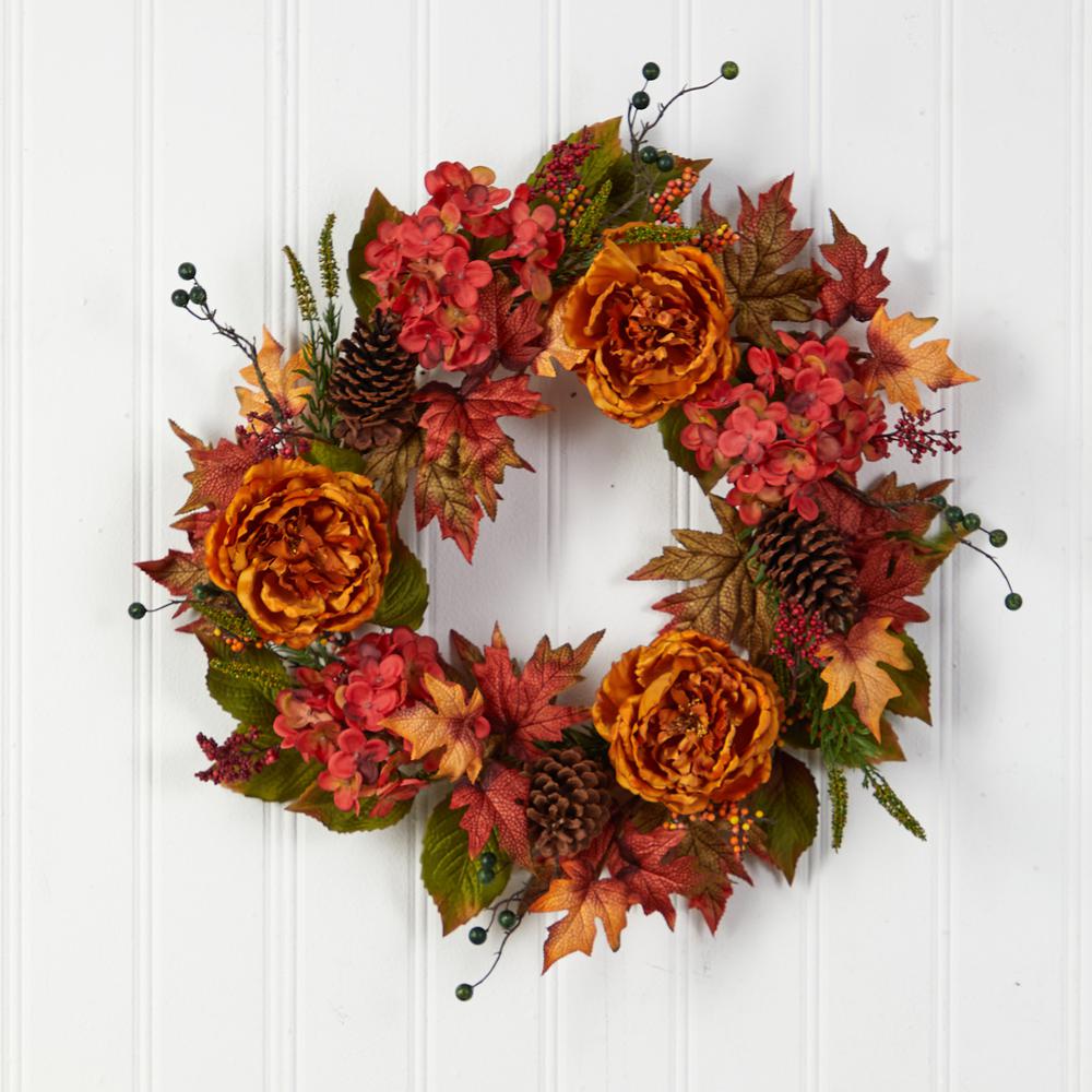 25in. Fall Ranunculus, Hydrangea and Berries Autumn Artificial Wreath. Picture 3