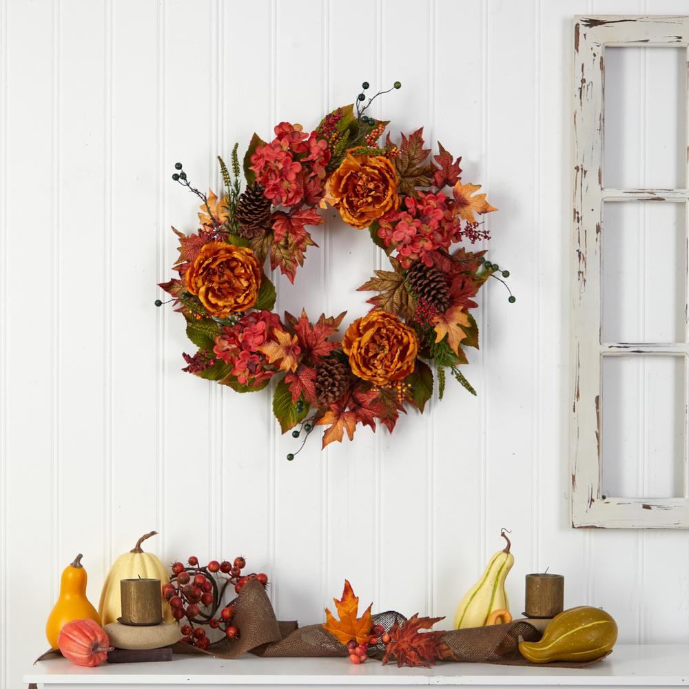25in. Fall Ranunculus, Hydrangea and Berries Autumn Artificial Wreath. Picture 4