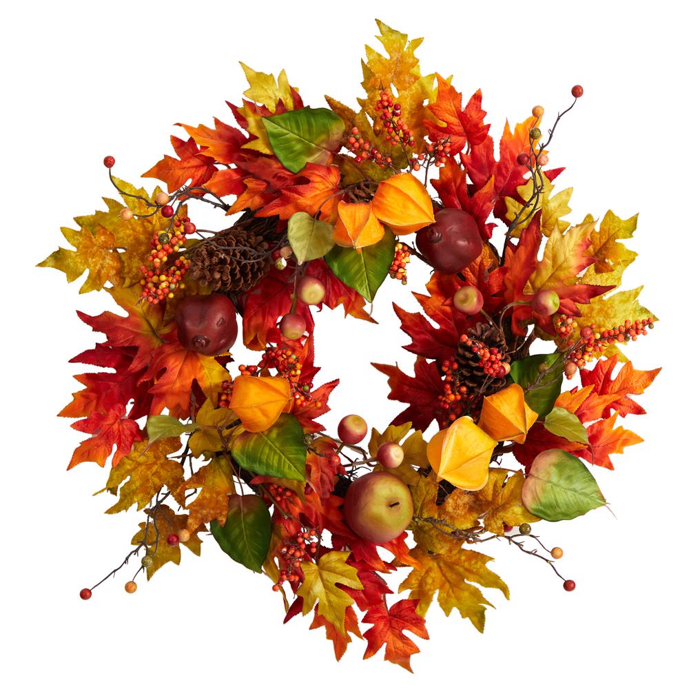 24in. Autumn Maple Leaf and Berries Fall Artificial Wreath. Picture 1