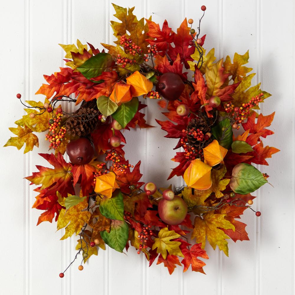 24in. Autumn Maple Leaf and Berries Fall Artificial Wreath. Picture 3