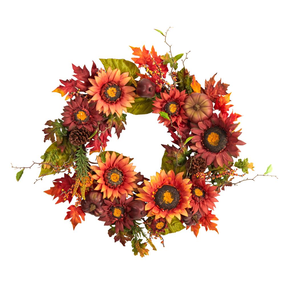 24in. Autumn Sunflower, Pumpkin, Pinecone and Berries Fall Artificial Wreath. Picture 1