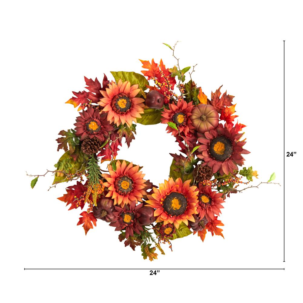24in. Autumn Sunflower, Pumpkin, Pinecone and Berries Fall Artificial Wreath. Picture 2