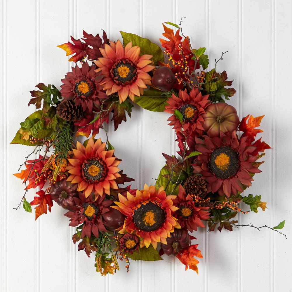 24in. Autumn Sunflower, Pumpkin, Pinecone and Berries Fall Artificial Wreath. Picture 3