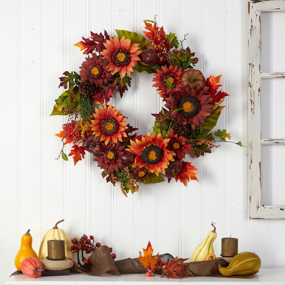 24in. Autumn Sunflower, Pumpkin, Pinecone and Berries Fall Artificial Wreath. Picture 4