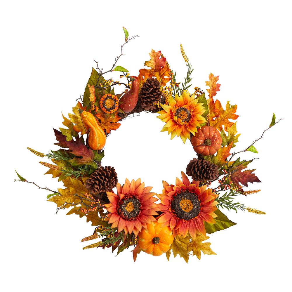 Fall Sunflower, Pumpkin, Gourds, Pinecone and Berries Autumn Artificial Wreath. Picture 1
