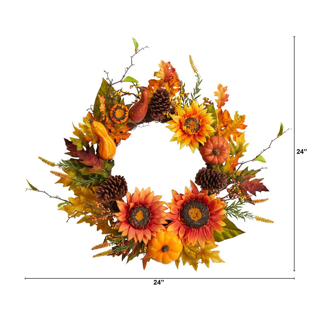 Fall Sunflower, Pumpkin, Gourds, Pinecone and Berries Autumn Artificial Wreath. Picture 2