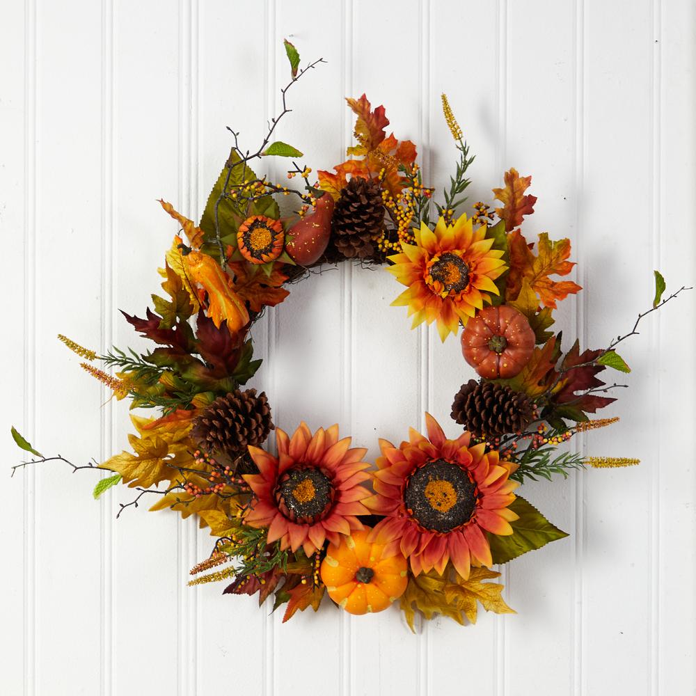 Fall Sunflower, Pumpkin, Gourds, Pinecone and Berries Autumn Artificial Wreath. Picture 3