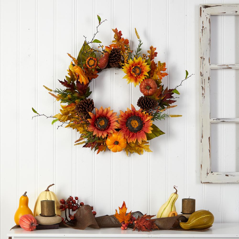 Fall Sunflower, Pumpkin, Gourds, Pinecone and Berries Autumn Artificial Wreath. Picture 4