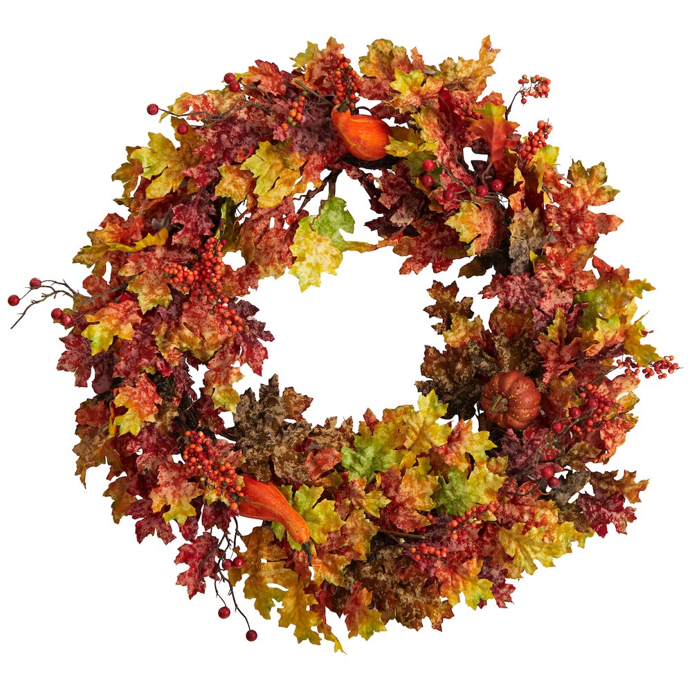 32in. Autumn Oak Leaf, Berries and Pumpkin Artificial Autumn Wreath. Picture 1