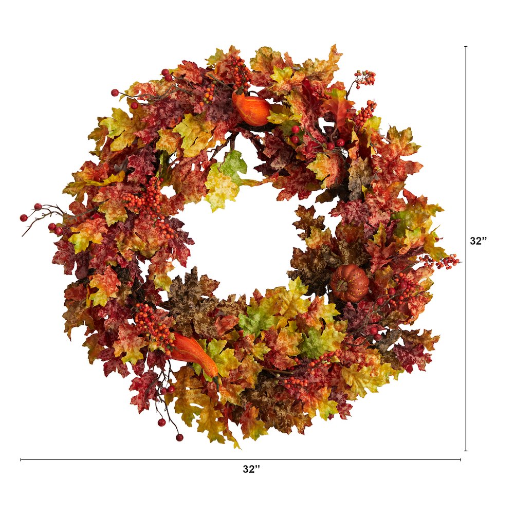 32in. Autumn Oak Leaf, Berries and Pumpkin Artificial Autumn Wreath. Picture 2