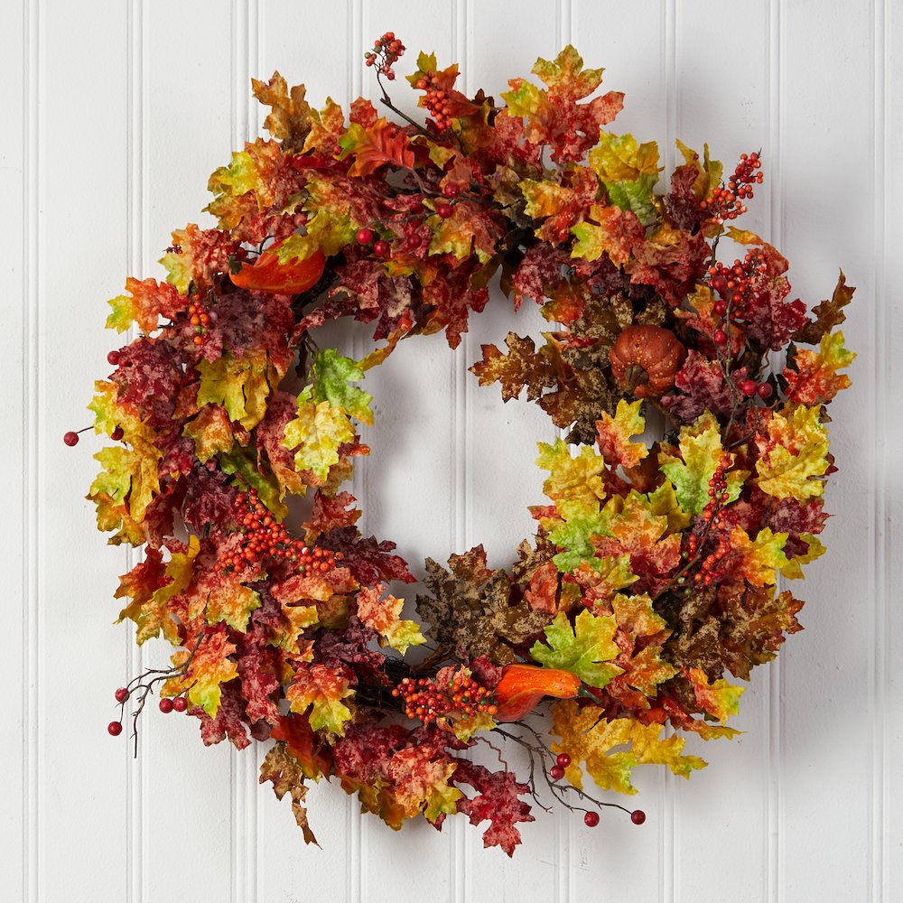 32in. Autumn Oak Leaf, Berries and Pumpkin Artificial Autumn Wreath. Picture 3