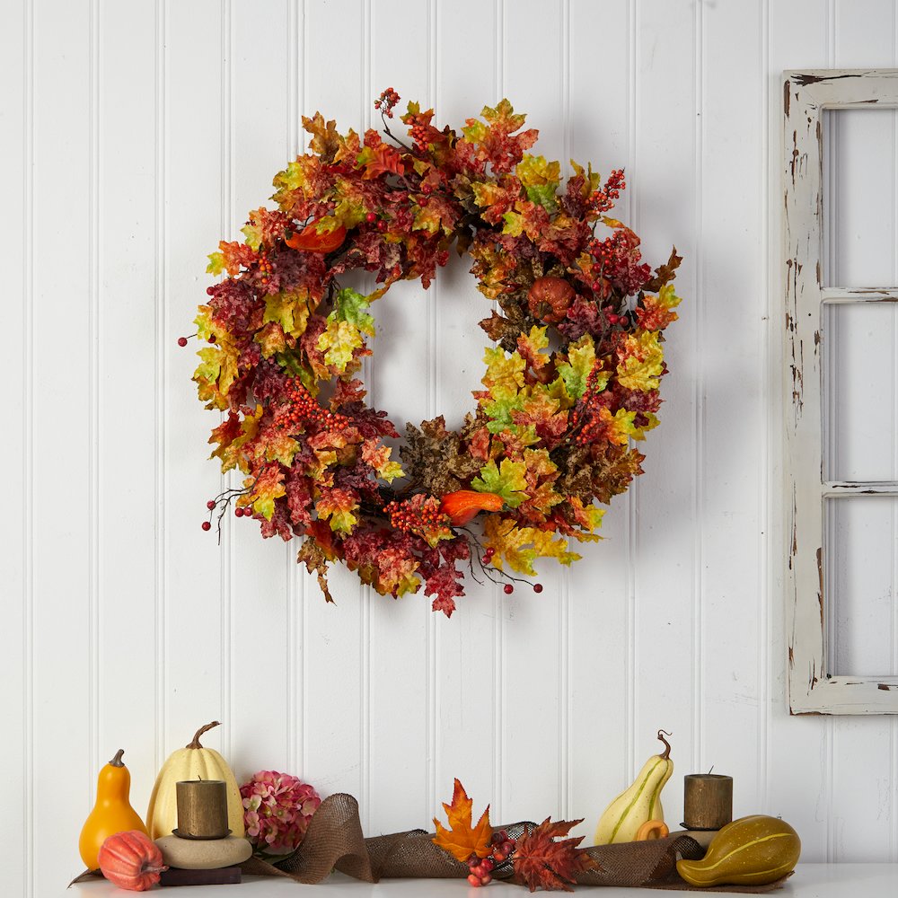 32in. Autumn Oak Leaf, Berries and Pumpkin Artificial Autumn Wreath. Picture 4
