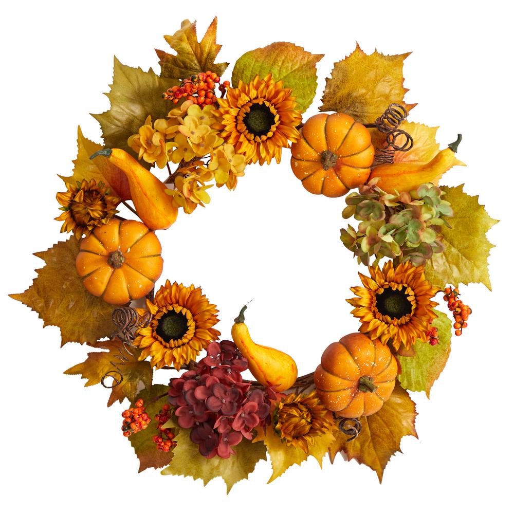 22in. Autumn Hydrangea, Pumpkin and Sunflower Artificial Fall Wreath. Picture 4