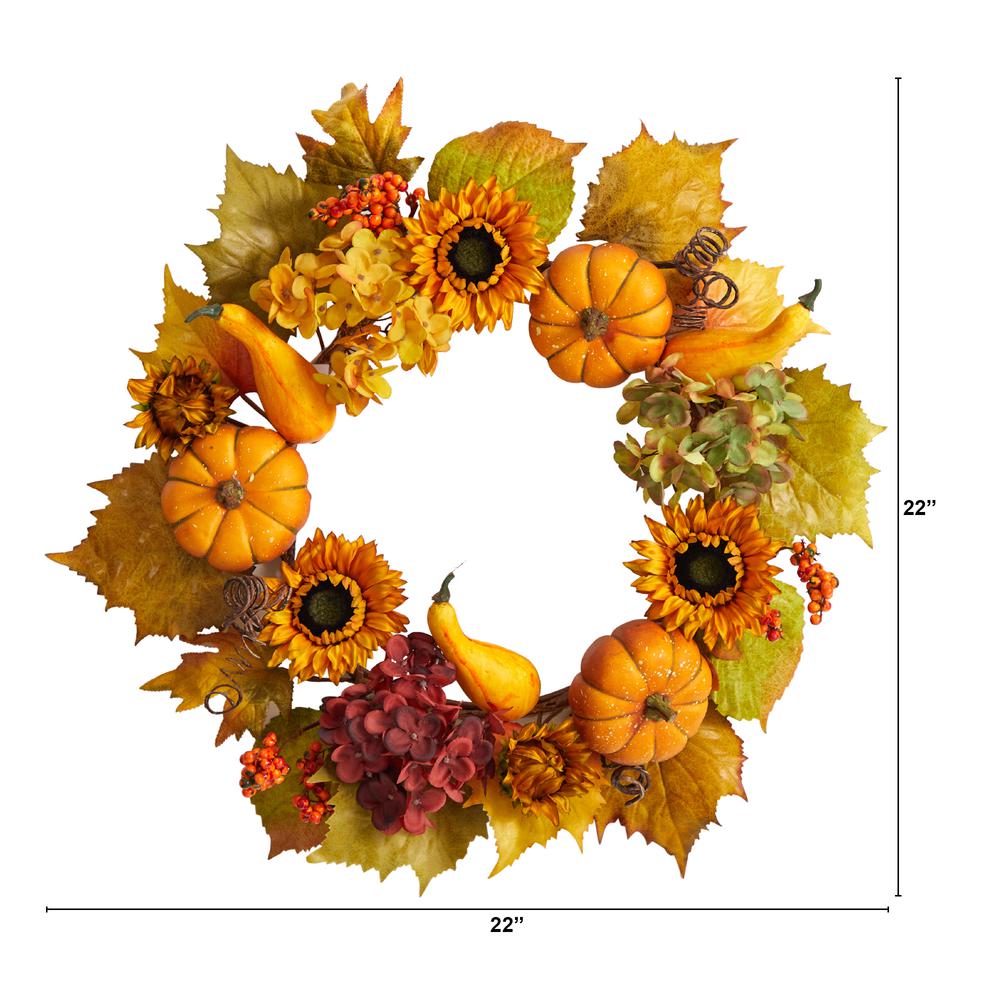 22in. Autumn Hydrangea, Pumpkin and Sunflower Artificial Fall Wreath. Picture 1