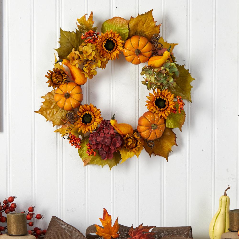 22in. Autumn Hydrangea, Pumpkin and Sunflower Artificial Fall Wreath. Picture 3