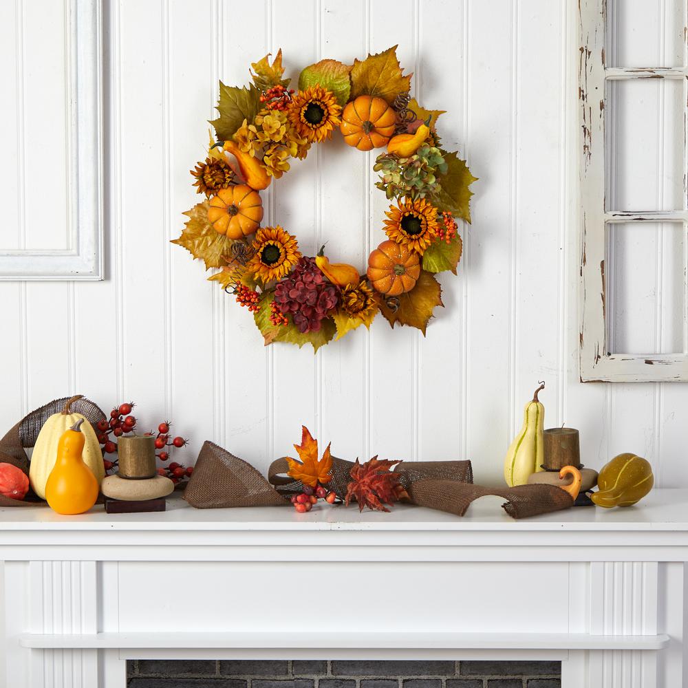 22in. Autumn Hydrangea, Pumpkin and Sunflower Artificial Fall Wreath. Picture 2