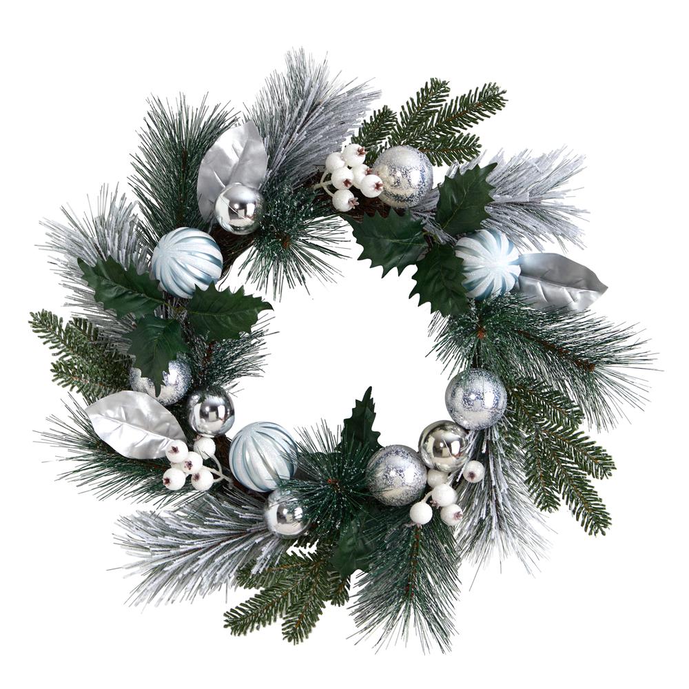 24in. Pinecones and Berries Christmas Artificial Wreath with Silver Ornaments. Picture 1