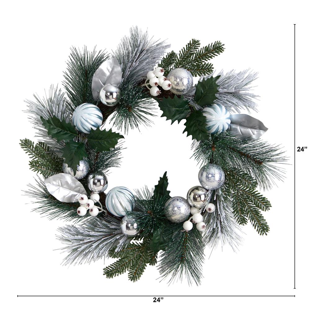 24in. Pinecones and Berries Christmas Artificial Wreath with Silver Ornaments. Picture 2