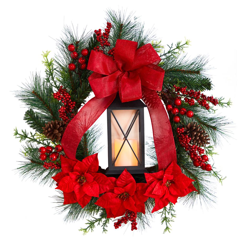 28in. Poinsettia and Berry Holiday Lantern Christmas Wreath with LED Candle. Picture 1