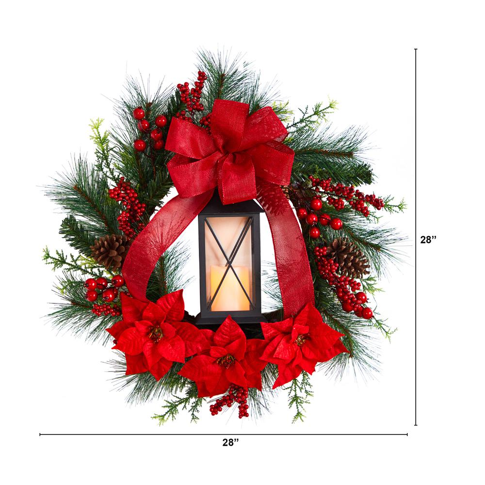 28in. Poinsettia and Berry Holiday Lantern Christmas Wreath with LED Candle. Picture 2