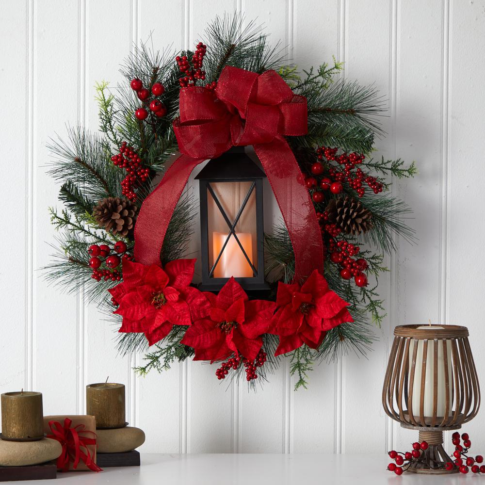 28in. Poinsettia and Berry Holiday Lantern Christmas Wreath with LED Candle. Picture 3