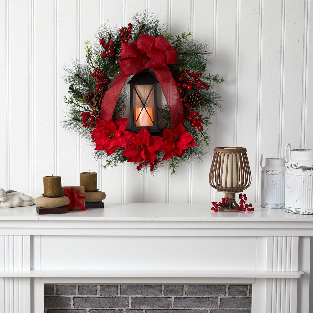 28in. Poinsettia and Berry Holiday Lantern Christmas Wreath with LED Candle. Picture 4
