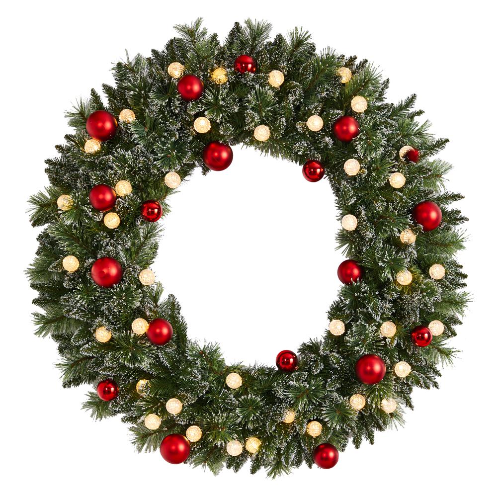 4ft. Oversized Pre-Lit Frosted Holiday Christmas Wreath with Ornaments and 40 LED Globe Lights. Picture 5