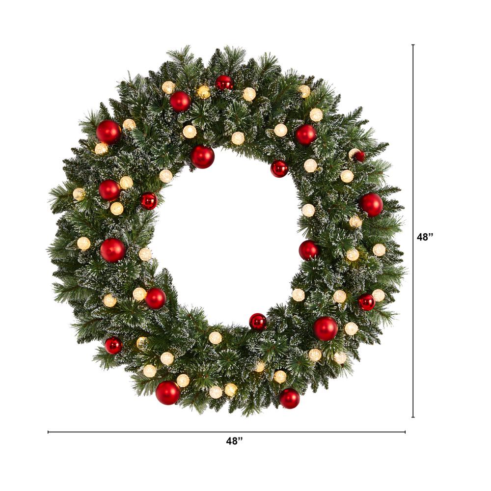 4ft. Oversized Pre-Lit Frosted Holiday Christmas Wreath with Ornaments and 40 LED Globe Lights. Picture 1