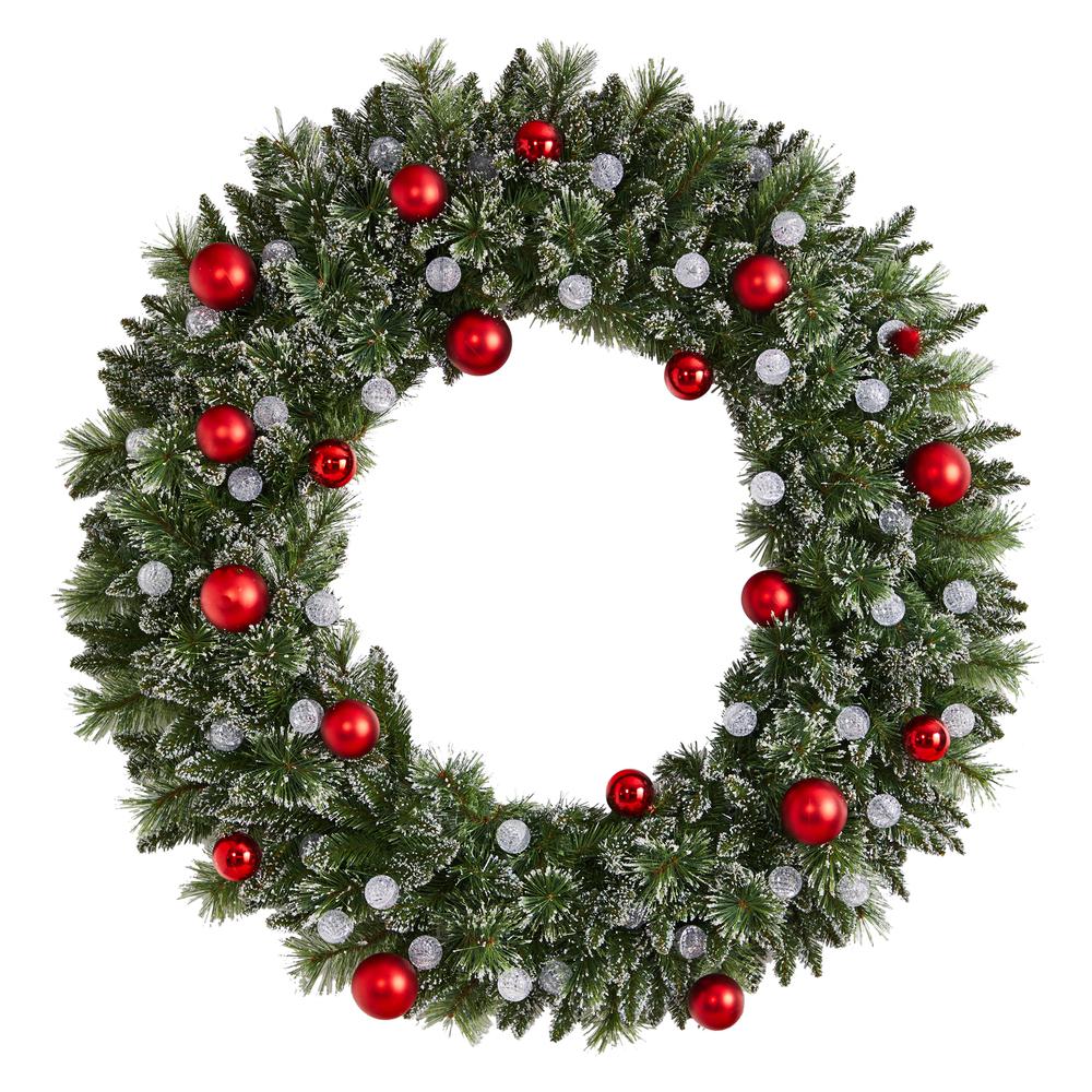 4ft. Oversized Pre-Lit Frosted Holiday Christmas Wreath with Ornaments and 40 LED Globe Lights. Picture 2