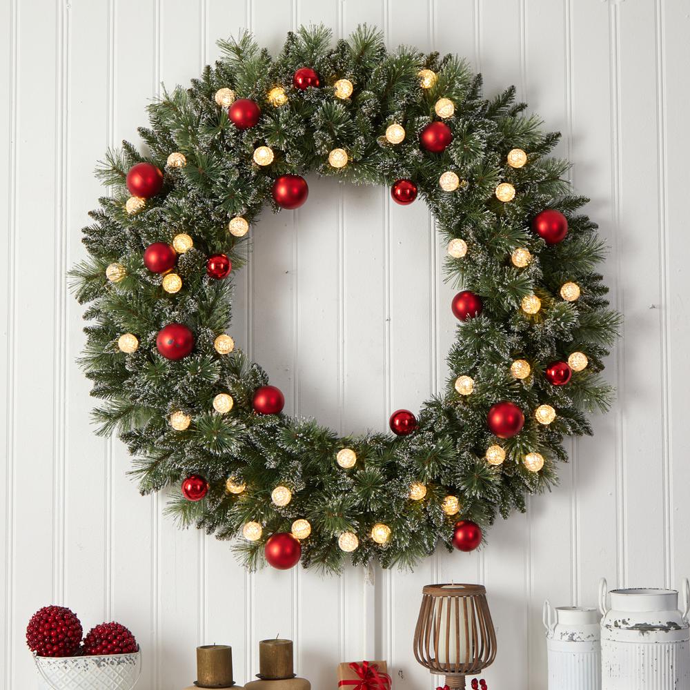 4ft. Oversized Pre-Lit Frosted Holiday Christmas Wreath with Ornaments and 40 LED Globe Lights. Picture 4