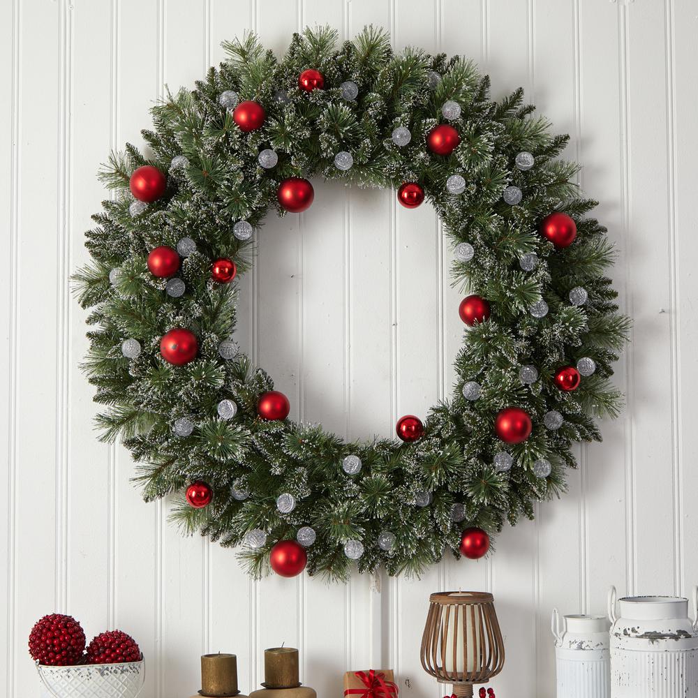 4ft. Oversized Pre-Lit Frosted Holiday Christmas Wreath with Ornaments and 40 LED Globe Lights. Picture 3