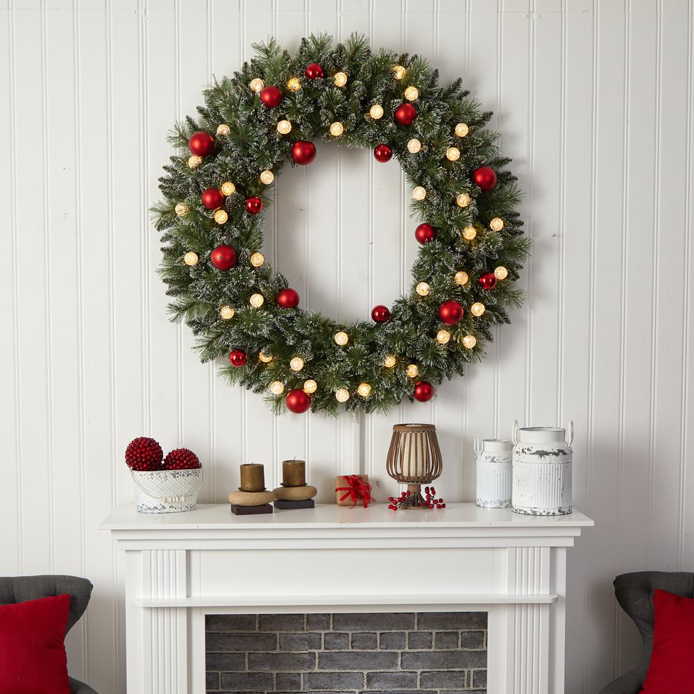 4ft. Oversized Pre-Lit Frosted Holiday Christmas Wreath with Ornaments and 40 LED Globe Lights. Picture 6