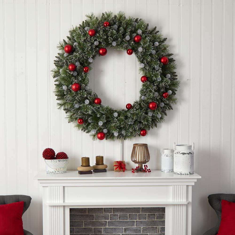 4ft. Oversized Pre-Lit Frosted Holiday Christmas Wreath with Ornaments and 40 LED Globe Lights. Picture 7