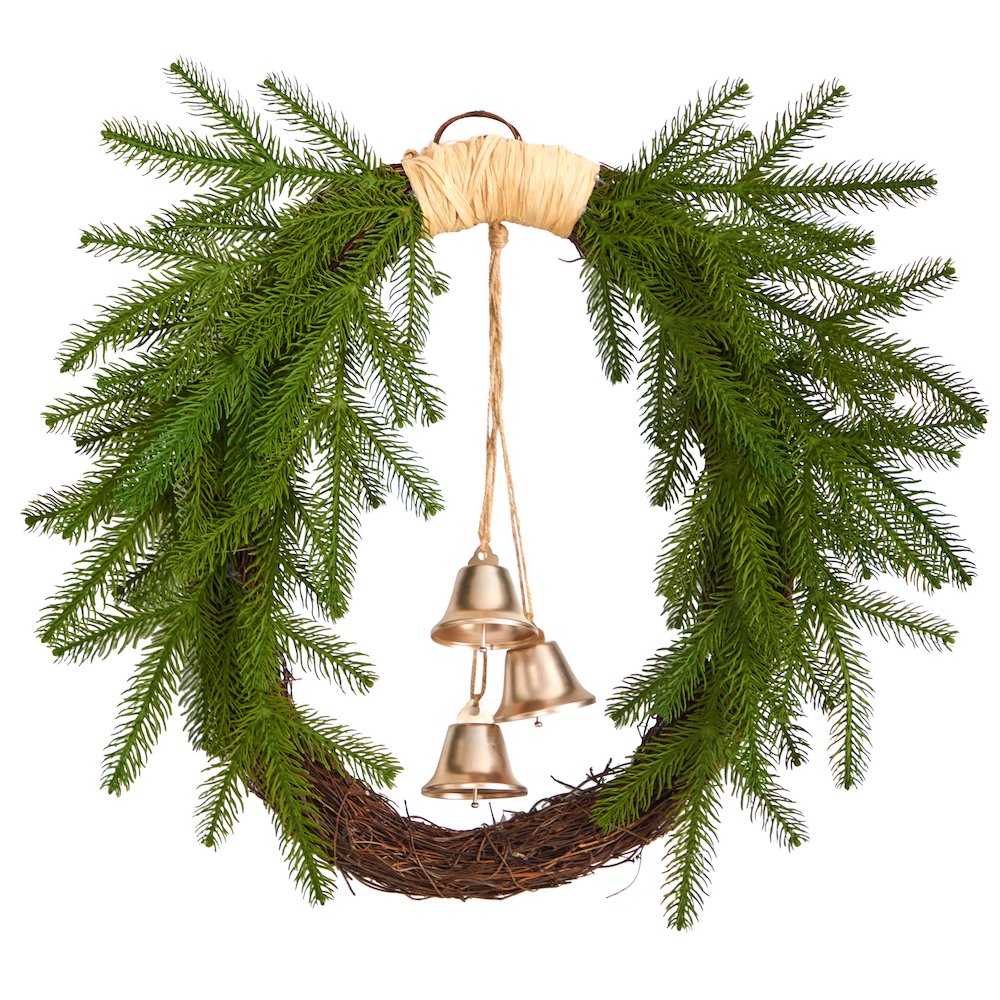 24in. Holiday Christmas Pine and Hanging Bells Wreath. Picture 1