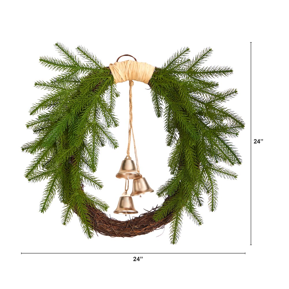 24in. Holiday Christmas Pine and Hanging Bells Wreath. Picture 2