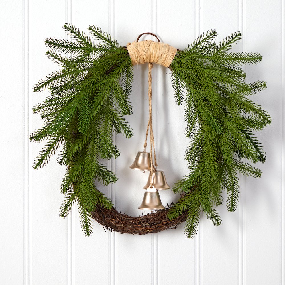 24in. Holiday Christmas Pine and Hanging Bells Wreath. Picture 3