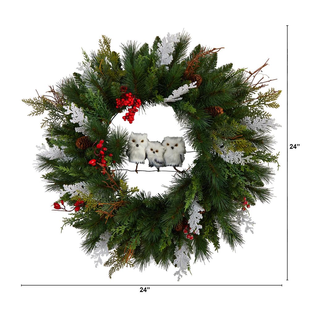 24in. Holiday Winter Owl Family Pinecone Berry Christmas Artificial Wreath. Picture 2