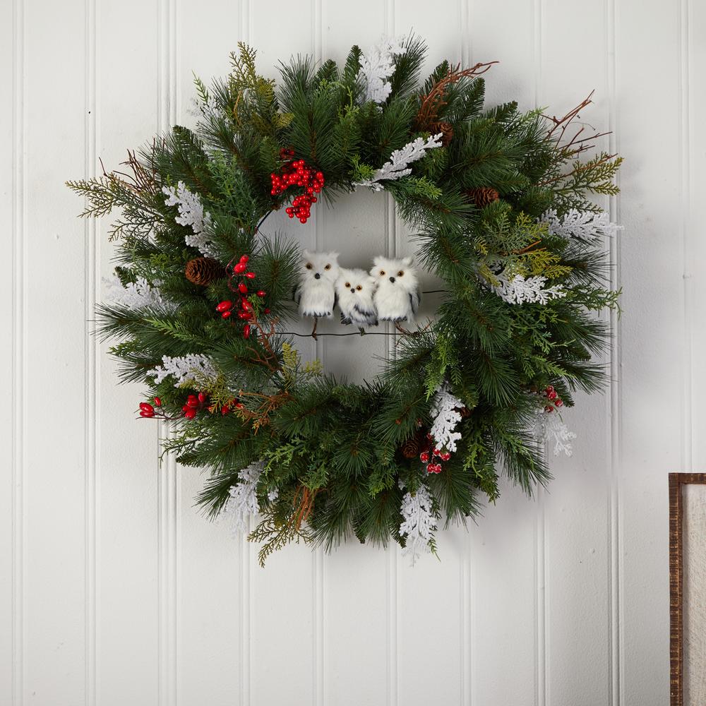 24in. Holiday Winter Owl Family Pinecone Berry Christmas Artificial Wreath. Picture 3
